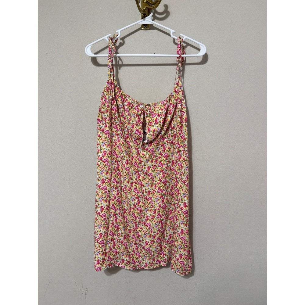 NWT Garage Ruched Bust‎ Slip Dress Womens XL Pink Floral Tie Strap Smocked Mini